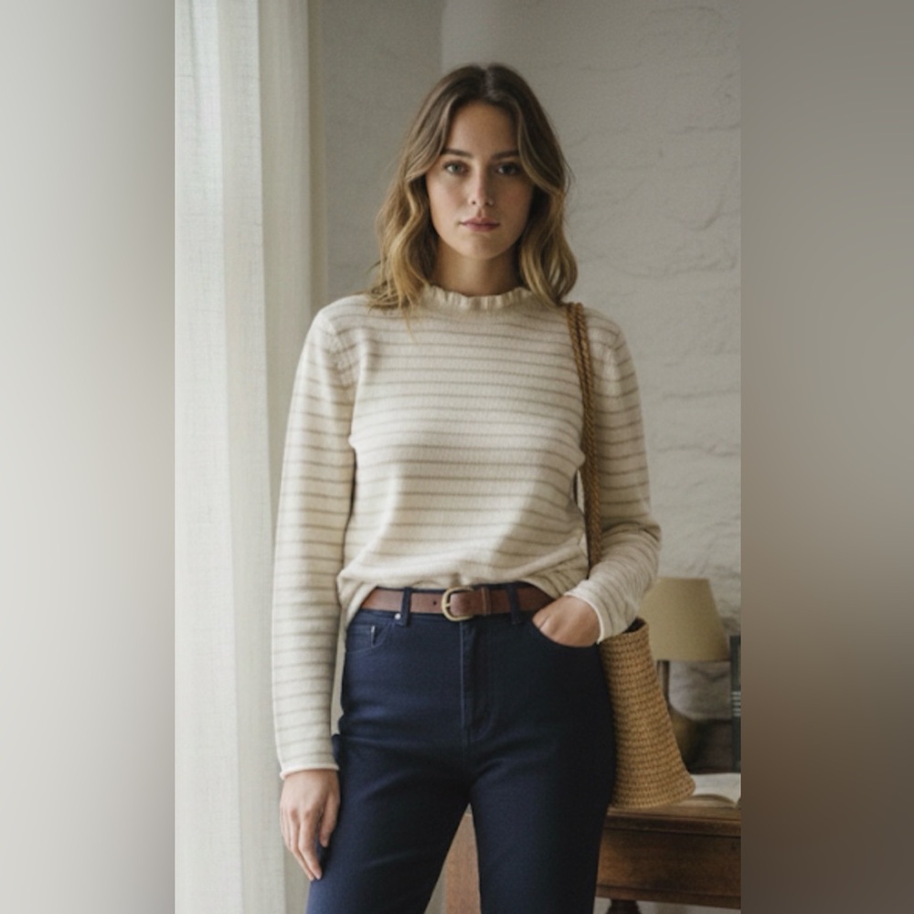 100% Cashmere Lilla P $198 Luxury Knit - Striped Cream - Size Small